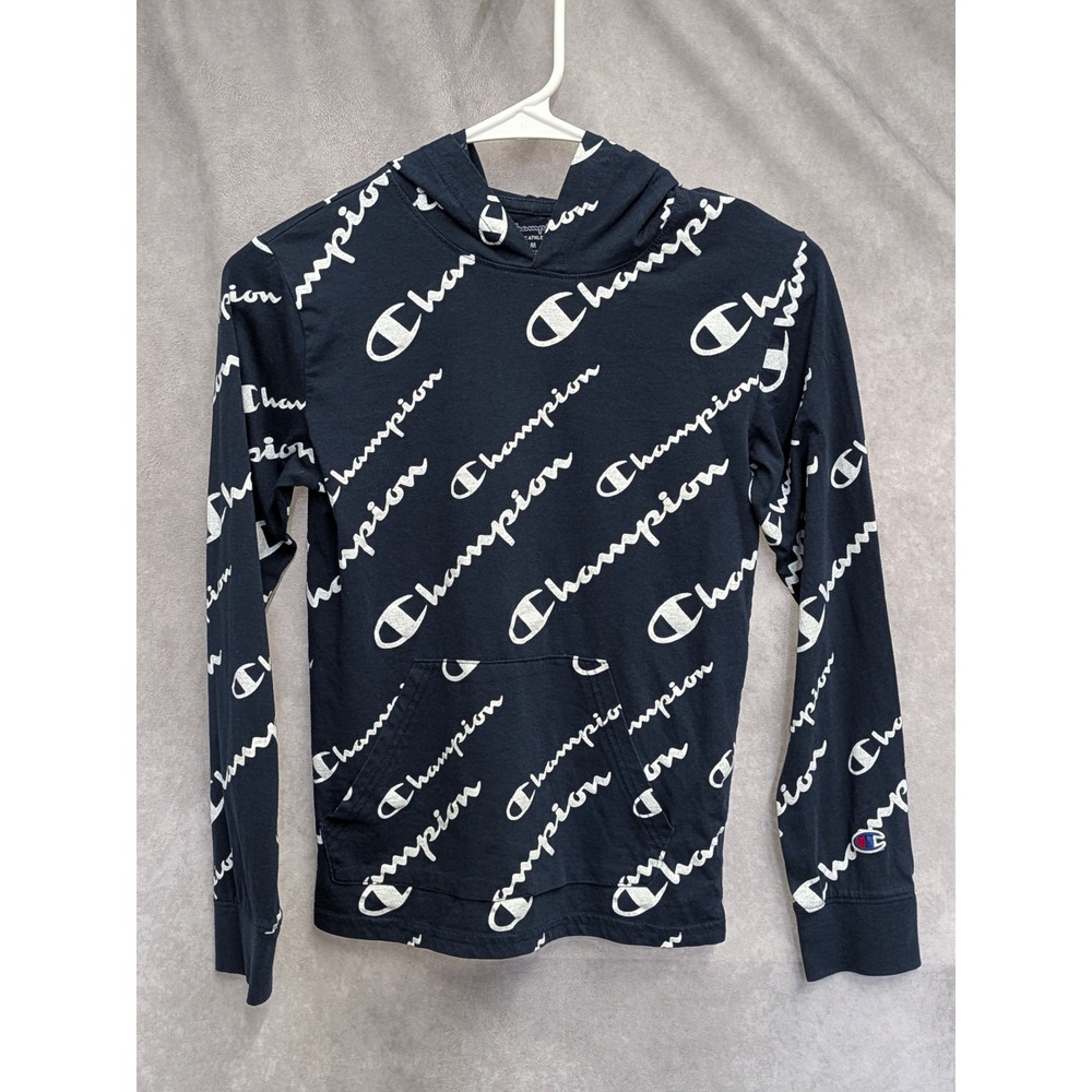 Champion Kids Navy Blue All Over Script Logo Hooded Long Tee Shirt Size M C44